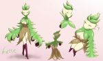  anthro arboliva boots bottomwear breasts clothing eyes_closed female footwear generation_9_pokemon hi_res leaf looking_at_viewer mouthless nintendo pokemon pokemon_(species) simple_background sitting skirt solo watte yellow_eyes 