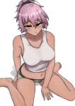  1girl alternate_costume aoba_(kancolle) barefoot green_eyes green_panties highres ikadamo kantai_collection looking_at_viewer messy_hair midriff navel panties ponytail purple_hair short_hair simple_background sitting solo tan tank_top underwear wariza white_background white_tank_top 