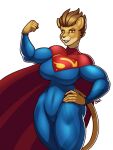  2023 anthro big_breasts blazbaros bodysuit breasts brown_hair cape clothing dc_comics eyebrows felid female flexing fur hair hand_on_hip hi_res inner_ear_fluff lion long_hair looking_at_viewer mammal muscular pantherine skinsuit solo superman superman_(series) tan_body tan_fur tight_clothing tuft 