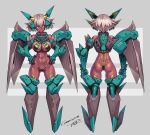  1girl armor ass bare_shoulders blonde_hair blue_eyes breasts colored_skin commission fangs from_behind grey_background hands_on_own_hips headgear highres large_breasts looking_at_viewer mecha_musume mechanical_wings navel original red_skin revealing_clothes short_hair skeb_commission skindentation standing takada_kazuhiro wings 