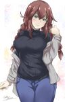  1girl black_sweater blue_pants braid breasts brown_hair denim gakky green_eyes highres jeans kantai_collection large_breasts long_hair noshiro_(kancolle) official_alternate_costume one-hour_drawing_challenge pants ribbed_sweater simple_background solo sweater swept_bangs twin_braids white_background 