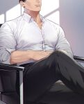  1boy absurdres black_hair black_pants collared_shirt crossed_legs feet_out_of_frame head_out_of_frame highres indoors kowamote_(1515_iiotkwkk) male_focus on_chair original pants shirt short_hair sitting white_shirt window_shade 