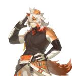  2021 anthro arknights canid canine canis clayjun clothed clothing domestic_dog fur gloves hair handwear hi_res hung_(arknights) hypergryph long_hair looking_at_viewer male mammal multicolored_body multicolored_fur multicolored_hair red_hair solo studio_montagne tan_body tan_fur two_tone_body two_tone_fur two_tone_hair white_body white_fur white_hair yellow_eyes 