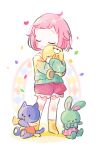  1girl absurdres aged_down bob_cut closed_eyes closed_mouth commentary confetti dot_nose full_body highres hugging_object long_sleeves momomo_(m0_3) multicolored_clothes ootori_emu pink_hair project_sekai short_bangs short_hair smile socks solo standing stuffed_animal stuffed_cat stuffed_rabbit stuffed_toy sweater symbol-only_commentary yellow_socks 