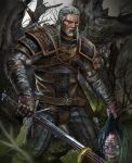  1boy armor beard black_hair blood blood_on_weapon brown_gloves commentary english_commentary facial_hair geralt_of_rivia gloves grey_hair highres holding holding_sword holding_weapon icemacob outdoors severed_head sword the_witcher_(series) tree weapon weapon_on_back witcher_medallion yellow_eyes 
