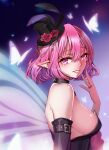  1girl bare_shoulders black_choker black_feathers black_headwear black_sleeves breasts bug butterfly choker detached_sleeves elf feathers flower hair_between_eyes hand_up hat hat_feather hat_flower highres jewelry large_breasts lucid_(maplestory) maplestory mini_hat mini_top_hat nazo_kitsune orange_lips pink_eyes pink_hair pink_pupils pointy_ears red_flower red_rose ring rose short_hair sideboob smile solo strapless top_hat wings 