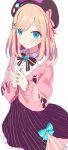  1girl :3 blonde_hair blue_bow blue_eyes blue_nails blush bow bowtie brown_bow brown_bowtie cardigan closed_mouth commentary_request dress hair_bow hibimegane highres looking_at_viewer medium_hair nijisanji pink_bow pink_cardigan purple_headwear simple_background solo steepled_fingers suzuhara_lulu white_background 