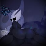  2023 absurd_res annoyed annoyed_expression anthro anus arthropod barely_visible_anus big_breasts big_butt black_body black_eyes black_skin bodily_fluids breasts butt dialogue digital_media_(artwork) emanata english_text fecharis female gazaster genitals hi_res hollow_knight hornet_(hollow_knight) hot_spring humanoid_genitalia insect looking_at_viewer looking_back lying mask mouthless noseless nude on_front pussy signature simple_background solo spread_legs spreading sweat team_cherry text thick_thighs water 