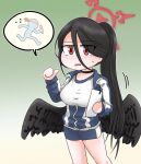  1girl black_hair black_wings blue_archive breasts c/h clipboard feathered_wings hair_between_eyes halo hasumi_(blue_archive) hasumi_(track)_(blue_archive) headband jacket large_breasts parted_lips ponytail red_eyes relay_baton relay_race shorts solo speech_bubble sweatdrop track_jacket wings 