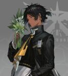  1boy arknights black_hair black_jacket dark-skinned_male dark_skin ear_piercing earclip flower geebee_79 green_flower grey_background highres holding holding_flower jacket long_sleeves male_focus orange_eyes parted_lips piercing shirt short_ponytail simple_background solo thorns_(arknights) upper_body 