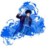  1boy aiguillette amestris_military_uniform arm_at_side black_coat black_eyes black_hair blue_background blue_jacket blue_pants blue_theme buttons character_name coat collared_jacket collared_shirt contrapposto cowboy_shot double-breasted fullmetal_alchemist gloves grin hair_strand hand_in_pocket hand_up highres jacket littleskrib looking_at_viewer male_focus military military_jacket military_uniform pants roy_mustang shirt shirt_tucked_in silver_trim simple_background smile snapping_fingers splatter_background swept_bangs tsurime two-tone_background uniform white_background white_gloves white_shirt 