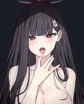  1girl black_background black_hair blue_archive blush breasts bright_pupils collarbone hair_ornament hairclip halo highres huge_breasts licking licking_finger long_hair looking_at_viewer nude open_mouth red_eyes reia_76 rio_(blue_archive) simple_background solo suggestive_fluid tongue white_pupils 