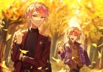  2boys belt black_shirt blurry blurry_background brooch closed_mouth commentary_request cowboy_shot ensemble_stars! green_eyes highres holding holding_leaf itsuki_shu jacket jewelry lapels leaf long_hair long_sleeves looking_at_viewer low_ponytail male_focus multiple_boys open_clothes open_jacket open_mouth orange_hair pink_hair purple_eyes shirt short_hair teeth tsukinaga_leo turtleneck upper_teeth_only watch wednesday_108 wristwatch 