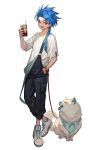  1boy bishounen blue_hair braid braided_ponytail child cu_chulainn_(fate) dog fate/grand_order fate_(series) lack leash long_hair looking_at_viewer male_child male_focus overalls red_eyes setanta_(fate) shirt simple_background solo spiked_hair white_background white_footwear white_shirt 