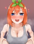  1boy 1girl :d amog blue_eyes breasts cleavage commentary_request go-toubun_no_hanayome green_hairband grey_sports_bra hairband heart hetero large_breasts looking_at_viewer nakano_yotsuba orange_hair paizuri paizuri_under_clothes pov pov_crotch short_hair simple_background smile sports_bra steaming_body sweat teeth upper_teeth_only 