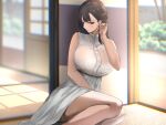  1girl bare_arms bare_shoulders black_hair blush breasts day dress feet_out_of_frame kesoshirou large_breasts long_hair original parted_lips sleeveless solo sweat thighs white_dress 