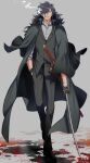  1boy black_cape black_footwear black_gloves black_hair black_pants black_vest blood blood_splatter cape cigarette collared_shirt facial_hair fate/grand_order fate_(series) full_body gloves grey_background grey_shirt hair_over_one_eye hand_in_pocket highres holding holding_sword holding_weapon katana long_hair male_focus okada_izou_(fate) open_collar orange_eyes pants pirohi_(pirohi214) sheath sheathed shirt simple_background sleeves_rolled_up smoke smoking solo stubble sword teeth vest walking weapon 