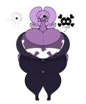  anthro big_breasts bottomwear breasts cleavage clothed clothing dewy-eyedboy directional_arrow ellipsis female frown generation_6_pokemon goodra green_eyes hair hi_res huge_breasts huge_thighs hyper hyper_breasts hyper_thighs narrowed_eyes nintendo one_eye_obstructed pants pokemon pokemon_(species) purple_body purple_hair shirt simple_background skull_and_crossbones solo standing text thick_thighs topwear 