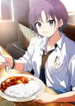  1girl asakura_toru black_necktie blue_eyes blue_hair brown_hair collarbone collared_shirt curry curry_rice eating food food_on_face gradient_hair highres holding holding_spoon idolmaster idolmaster_shiny_colors indoors looking_at_viewer misaki_nonaka multicolored_hair necktie plate rice school_uniform shirt short_hair short_sleeves sitting solo spoon stain white_shirt 