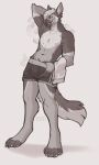  anthro artist_name bodily_fluids bulge canid canine canis clothed clothing domestic_dog front_view full-length_portrait genitals german_shepherd hair herding_dog hi_res looking_at_viewer male mammal monochrome navel pastoral_dog penis penis_tip poking_out portrait saebo_(saebodog) seraphictiger short_hair simple_background smile smirk solo standing sweat sweaty_chest sweaty_face topless 