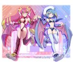  2girls adapted_costume artist_name bikini blonde_hair blue_hair breasts chaya_mago clenched_hand commission cosplay duel_monster green_eyes hands_up harpie_dancer harpie_dancer_(cosplay) harpie_queen harpie_queen_(cosplay) hat ki-sikil_(yu-gi-oh!) lil-la_(yu-gi-oh!) live_twin_ki-sikil live_twin_lil-la long_hair medium_breasts medium_hair multicolored_eyes multicolored_hair multiple_girls navel paw_shoes pink_eyes skeb_commission small_breasts smile standing standing_on_one_leg stomach swimsuit teeth thighhighs twintails walking winged_arms wings yu-gi-oh! 