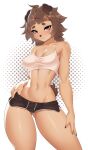  1girl absurdres animal_ears blush breasts brown_eyes brown_hair brown_shorts closed_mouth commission crop_top dog_ears dog_girl furry furry_female highres long_hair medium_breasts midriff navel original shorts smile solo stomach tank_top weelzelu white_tank_top 