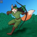  anthro arrow_(weapon) black_body black_fur bow_(weapon) canid canine dipstick_tail female fox foxenawolf fur mammal markings outside pink_nose ranged_weapon solo tail tail_markings weapon 