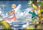  1boy 1girl akizone apron basket blonde_hair blue_eyes bodice brown_hair climbing cloud commentary dirndl dress egg floating_island food german_clothes giant giantess golden_egg holding holding_basket jack_and_the_beanstalk landscape long_sleeves original red_eyes short_hair size_difference waist_apron water waterfall 