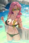  1girl absurdres bikini black_bikini breast_tattoo breasts cleavage closed_mouth commentary_request gradient_hair green_eyes green_hair highres jhigf kanroji_mitsuri kimetsu_no_yaiba large_breasts long_hair multicolored_hair navel onsen partially_submerged pink_hair solo standing swimsuit tattoo tri_braids water wet 
