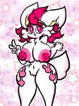  anthro big_breasts breasts cinderace eyebrows female food fruit generation_8_pokemon genitals gesture hi_res lewdchuu_(artist) navel nintendo nipples pink_eyes pink_nipples plant pokemon pokemon_(species) pussy red_body scut_tail short_tail smile solo strawberry tail v_sign white_body 