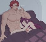  1boy 1girl after_sex bare_shoulders bed_sheet breasts cleavage completely_nude diamant_(fire_emblem) ebinku english_text fire_emblem fire_emblem_engage hetero highres ivy_(fire_emblem) large_breasts long_hair mole mole_under_mouth muscular muscular_male nipples nude purple_eyes purple_hair red_hair sleeping yawning 