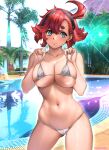  1girl ahoge artist_name bare_shoulders bikini blue_eyes blush breasts closed_mouth collarbone commentary_request day fingernails gundam gundam_suisei_no_majo hairband hands_up highres large_breasts lips micro_bikini navel outdoors oyaman palm_tree pool pulled_by_self red_hair reflection short_hair signature simple_background smile solo stomach string_bikini suletta_mercury swimsuit thighs tree water white_bikini 