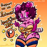  anthro breasts domestic_pig english_text female gesture hair lewdchuu_(artist) mammal orange_background patreon pigtails pink_body pink_hair pyon_(lewdchuu) simple_background solo star suid suina sus_(pig) tail text thick_thighs v_sign 