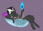  2023 absurd_res anthro bath bathing bathtub black_body black_hair black_nose breasts canid canine canis censored digital_drawing_(artwork) digital_media_(artwork) elemental_manipulation female fire fire_manipulation flat_colors glass hair hi_res humanoid legs_up magic magic_user mammal mask medium_hair nipples patreon pillow ravencrown_(caverdae) red_eyes signature smile solo steam translucent trinitygodag water white_hair wolf 