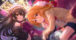  2girls :p ball bare_shoulders beat_shooter_(idolmaster) black_hair black_jacket bouquet brown_eyes commentary_request dress floating_hair flower fur-trimmed_jacket fur_trim hat holding holding_bouquet idolmaster idolmaster_cinderella_girls idolmaster_cinderella_girls_u149 jacket jewelry long_hair looking_at_viewer matoba_risa multiple_girls necklace neon_lights off_shoulder official_art open_clothes open_jacket orange_hair purple_dress purple_headwear red_flower red_rose rose shirt shorts sitting sleeveless sleeveless_dress smile soccer_ball striped striped_shirt tongue tongue_out yellow_eyes yuuki_haru 