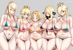  5girls abs aqua_eyes areola_slip belly bikini black_bikini blonde_hair blue_bikini braid breasts closed_mouth collarbone commentary_request crown crown_braid curvy cynthia_(pokemon) earrings elf frown gold_bikini green_bikini green_eyes grey_eyes groin hair_over_one_eye high_ponytail jewelry large_breasts long_hair mario_(series) medium_breasts metroid micro_bikini multiple_girls navel nintendo nipples onomeshin open_mouth pointy_ears pokemon pokemon_(game) pokemon_dppt princess_peach princess_zelda red_bikini rosalina samus_aran short_hair simple_background smile stomach super_mario_galaxy sweat swimsuit the_legend_of_zelda the_legend_of_zelda:_tears_of_the_kingdom thighs very_long_hair 