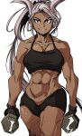 1girl abs absurdres animal_ears boku_no_hero_academia dumbbell gloves highres long_hair looking_at_viewer mirko muscular muscular_female pencilnote purple_eyes rabbit_ears shorts smile solo sweat tank_top toned white_background white_hair 