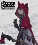  1girl animal_ears axe braid bullet cross crucifix elbow_gloves gloves gun heromedley highres holster hood little_red_riding_hood looking_at_viewer orange_eyes revolver ribbon skirt solo thighhighs twin_braids weapon 