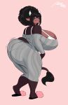  2023 anthro artist_name big_breasts big_butt black_hair blep bovid bovine breasts butt cattle cleavage clothed clothing digital_media_(artwork) female hair hi_res horn huge_breasts jiggling jwinkz looking_at_viewer looking_back looking_back_at_viewer mammal simple_background slippers solo summer_(jwinkz) tail tail_tuft tongue tongue_out tuft 