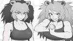  2girls ahoge animal_ears arms_at_sides barbary_lion_(kemono_friends) big_hair breasts cape_lion_(kemono_friends) cleavage closed_mouth collarbone commentary dark-skinned_female dark_skin fang greyscale hair_between_eyes hands_up highres k.k.k. kemono_friends large_breasts lion_ears monochrome multicolored_hair multiple_girls open_mouth scar scar_on_arm scar_on_cheek scar_on_face side-by-side smile sports_bra sweat swept_bangs symbol-only_commentary toned two-tone_hair upper_body 