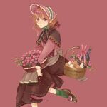  1girl apron basket blush bonnet bottle capelet corset egg expressionless flower flower_basket hair_bun hair_ribbon head_wreath invisible_chair long_sleeves looking_at_viewer orange_hair original pink_background purple_eyes ribbon rose single_hair_bun sitting skirt sleeve_cuffs socks solo waist_apron yunoto_(conceit) 