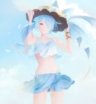  1girl arc_the_lad bird blue_skirt blue_sky bow closed_mouth cloud hair_over_one_eye hat hat_bow highres long_hair looking_at_viewer outdoors protected_link save_scene_a seagull sia_(arc_the_lad) skirt sky smile solo swimsuit yellow_eyes 