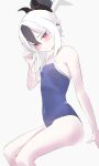  1girl alternate_hairstyle black_hair blue_archive blue_one-piece_swimsuit blush ear_piercing flat_chest grey_background hair_between_eyes hair_bun halo highres horns invisible_chair kayoko_(blue_archive) kuu_(user_gngs5284) looking_at_viewer one-piece_swimsuit pale_skin piercing red_eyes school_swimsuit simple_background single_hair_bun sitting solo sweat swimsuit white_hair 