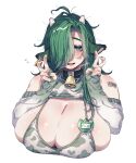  1girl ahoge animal_ears animal_print artist_name barcode bare_shoulders bell blush breasts cleavage collar cow_girl cow_horns cow_print cowbell detached_sleeves double_v ear_tag film_grain green_eyes green_hair green_nails hair_over_one_eye hands_up highres horns huge_breasts jitome lips long_hair long_sleeves looking_at_viewer muroku_(aimichiyo0526) neck_bell open_mouth original shoulder_blush simple_background sleeves_past_wrists smile solo sweatdrop twitter_username upper_body v white_background 