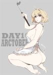  1girl apron arcueid_brunestud ass barefoot blonde_hair breasts english_text grey_background highres holding holding_ladle jonyeld ladle medium_breasts naked_apron open_mouth red_eyes short_hair sideboob solo tsukihime white_apron 