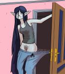  2023 accidental_exposure adventure_time black_hair bottomwear bottomwear_pull cartoon_network clothing clothing_pull coomsquat eyes_closed fangs female genitals grey_body grey_skin hair hi_res humanoid humanoid_pointy_ears long_hair marceline_abadeer nipple_outline not_furry pants pants_pull pubes pussy solo sweatpants teeth tired vampire 