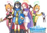  5girls absurdly_long_hair alternate_costume angry animal_ear_headphones animal_ears aris_(blue_archive) armor bare_shoulders black_gloves black_hair blue_archive blue_eyes blunt_bangs blurry blush bow braid breastplate brown_gloves cape cat_ear_headphones commentary_request depth_of_field dragon_quest fake_animal_ears fighting_stance fingerless_gloves forehead full_body gloves green_eyes hair_between_eyes hair_ribbon hairband halo hand_on_hip headgear headphones highres holding holding_sword holding_weapon kemonomimi_mode leotard long_hair long_sleeves looking_at_viewer martial_arts midori_(blue_archive) momoi_(blue_archive) multiple_girls orange_hair pantyhose parody parted_bangs playboy_bunny purple_gloves purple_hair rabbit_ears rabbit_girl rabbit_tail red_eyes red_hair ribbon ryh4 shield short_hair shoulder_armor sidelocks simple_background single_braid smile staff standing standing_on_one_leg stomach strapless strapless_leotard sword tail tress_ribbon two_side_up very_long_hair weapon weapon_on_back white_background white_leotard yuuka_(blue_archive) yuzu_(blue_archive) 