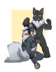  2019 absurd_res anthro arcanine azure_(bluedude) black_hair canid canine collar collar_only digitigrade elemental_creature elemental_humanoid feet fire_typing firedog foot_focus fur generation_1_pokemon grey_body grey_fur grey_hair hair hi_res hindpaw humanoid hypno_(pokemon) hypno_eyes hypnosis hypnotic_eyes kneeling kneeling_on_ground kneeling_oral_position leash leash_pull leashed_collar leashed_male male mammal mind_control nintendo nude oral oral_penetration pawpads paws penetration pokemon pokemon_(species) razor_the_firedog starwolfskin stripes tongue tongue_out 