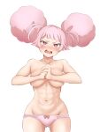  1girl abs absurdres afro_puffs ass_visible_through_thighs breasts chuatury_panlunch commentary convenient_arm cowboy_shot groin gundam gundam_suisei_no_majo highres looking_at_viewer medium_breasts monta navel open_mouth panties pink_eyes pink_hair pink_panties simple_background solo teeth toned tongue topless underwear upper_teeth_only v-shaped_eyebrows white_background 