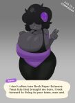  animal_crossing anthro big_breasts black_body black_fur black_hair bovid breasts bulging_breasts caprine cleavage clothed clothing curved_horn duskyer english_text female fur gesture hair hi_res hidden_eyes horn huge_breasts leotard mammal nintendo purple_horn sheep solo standing text thick_thighs v_sign wide_hips 